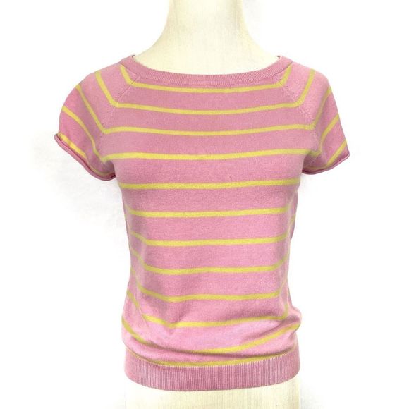 🛍 4/$20 GAP Pink Neon Green Stripe Crewneck Short Sleeve Preppy Knit Top - Picture 1 of 9